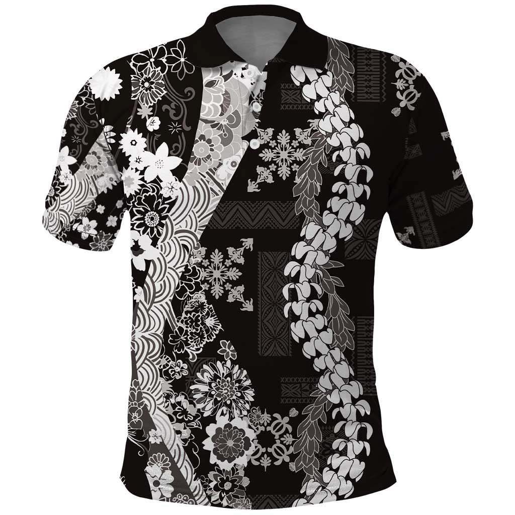 Hawaii Puakenikeni and Maile Lei Polo Shirt Black Japanese Wave Style LT9 Black - Polynesian Pride