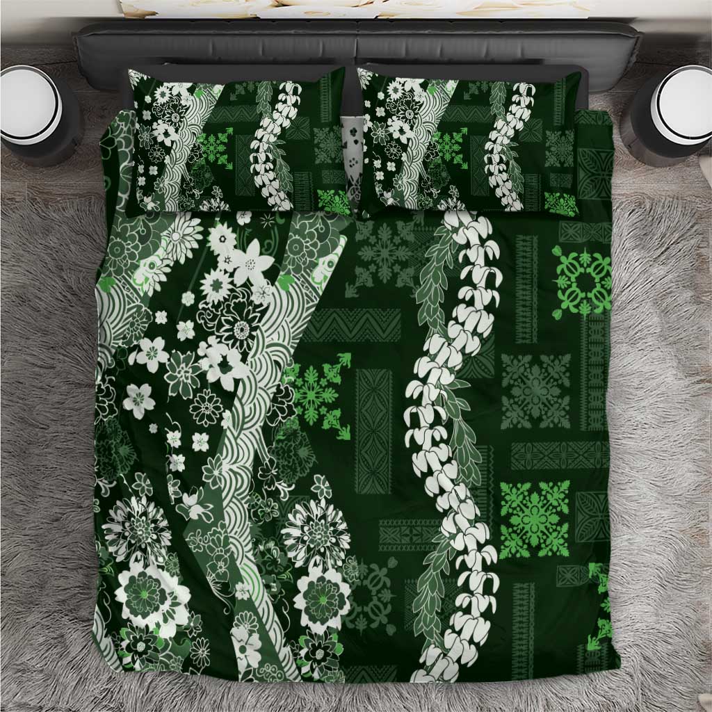 Hawaii Puakenikeni and Maile Lei Bedding Set Green Japanese Wave Style LT9 Green - Polynesian Pride