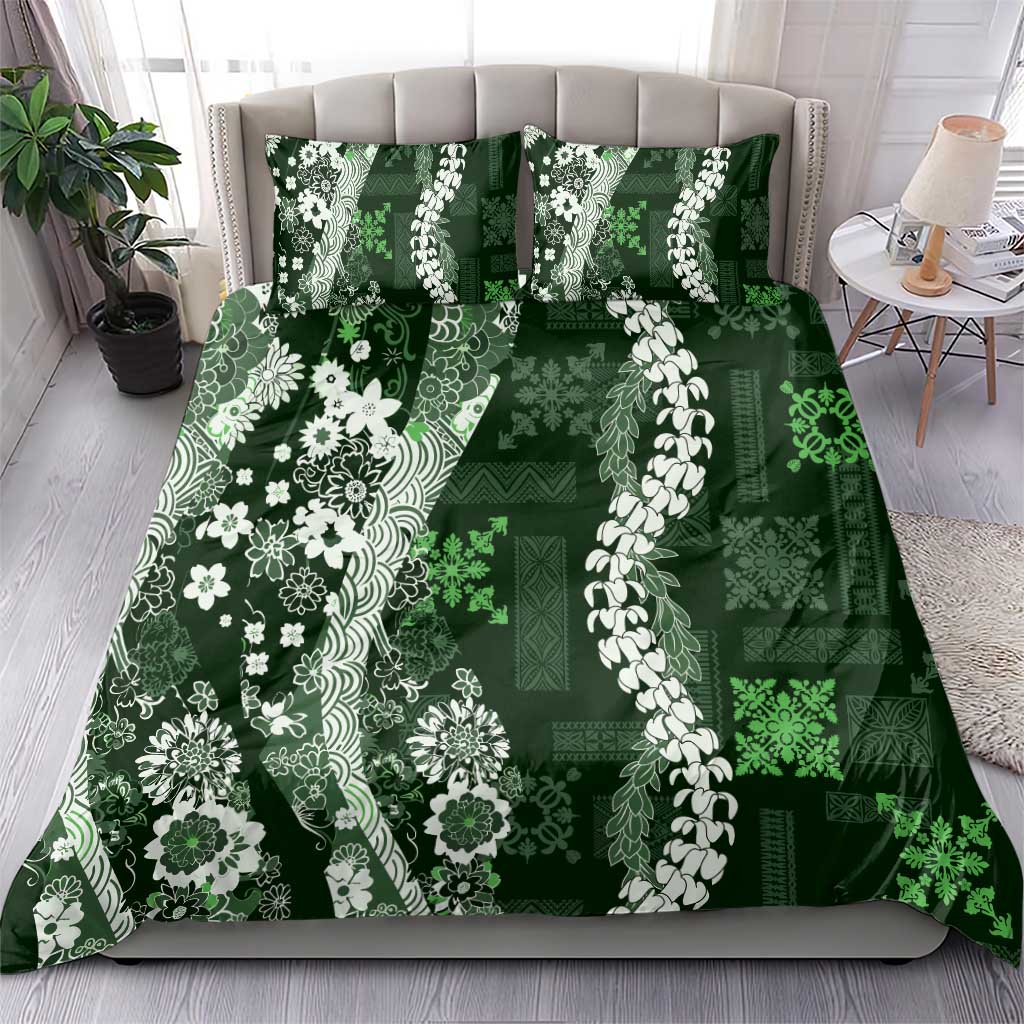 Hawaii Puakenikeni and Maile Lei Bedding Set Green Japanese Wave Style LT9 - Polynesian Pride