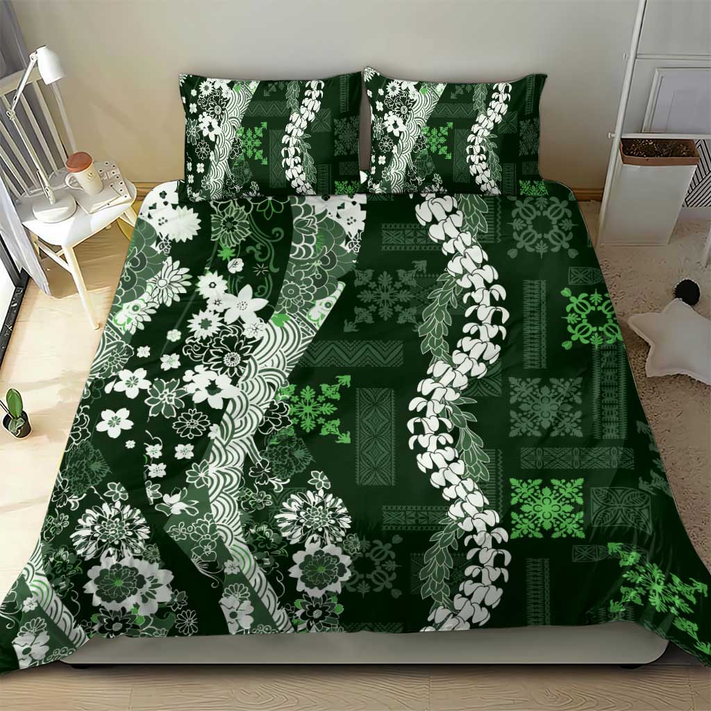 Hawaii Puakenikeni and Maile Lei Bedding Set Green Japanese Wave Style LT9 - Polynesian Pride
