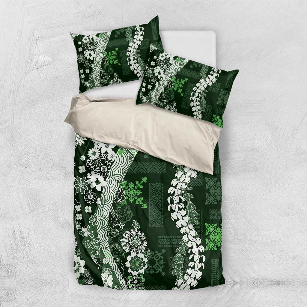 Hawaii Puakenikeni and Maile Lei Bedding Set Green Japanese Wave Style LT9 US Twin 172cm x 218cm Green - Polynesian Pride