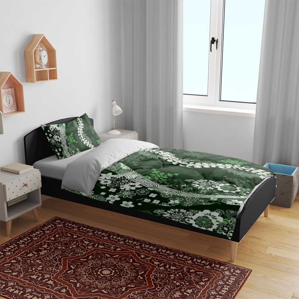 Hawaii Puakenikeni and Maile Lei Bedding Set Green Japanese Wave Style LT9 - Polynesian Pride
