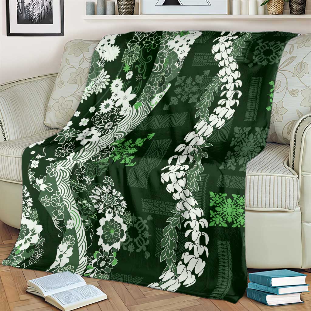 Hawaii Puakenikeni and Maile Lei Blanket Green Japanese Wave Style LT9 - Polynesian Pride