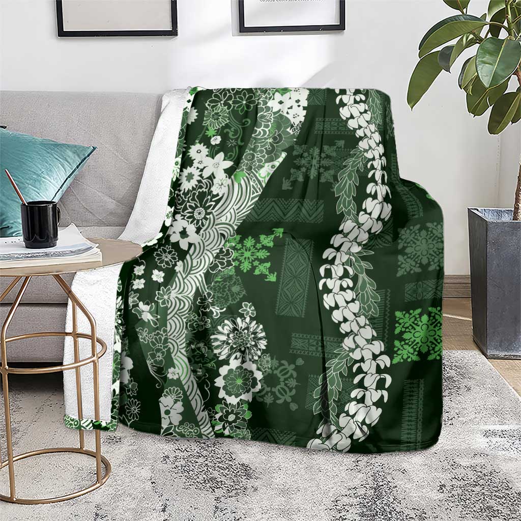 Hawaii Puakenikeni and Maile Lei Blanket Green Japanese Wave Style LT9 - Polynesian Pride