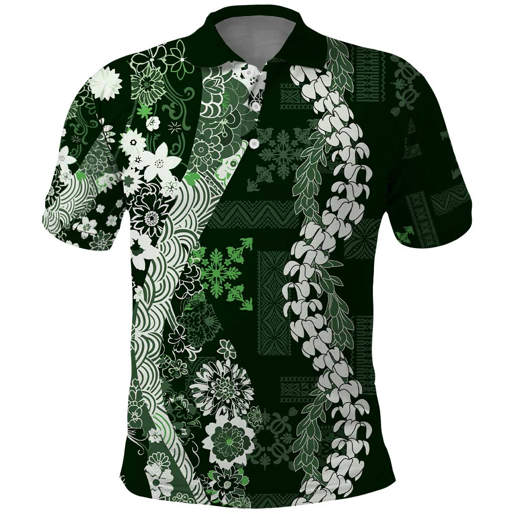 Hawaii Puakenikeni and Maile Lei Polo Shirt Green Japanese Wave Style LT9 Green - Polynesian Pride