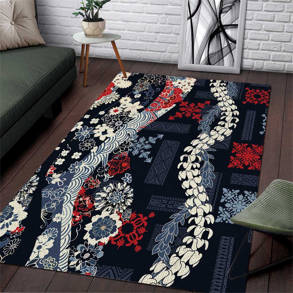 Hawaii Puakenikeni and Maile Lei Area Rug Navy Blue Japanese Wave Style LT9 Navy Blue - Polynesian Pride
