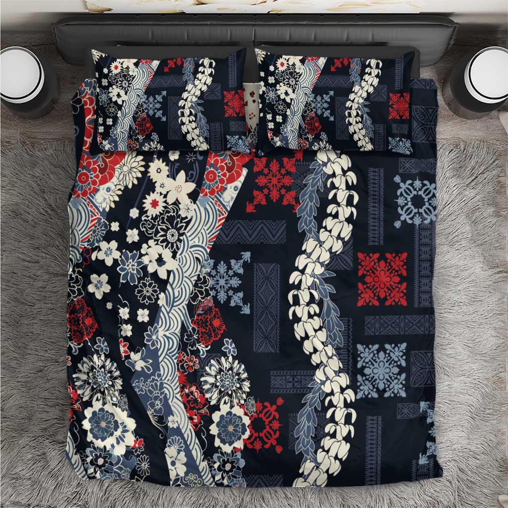 Hawaii Puakenikeni and Maile Lei Bedding Set Navy Blue Japanese Wave Style LT9 Navy Blue - Polynesian Pride