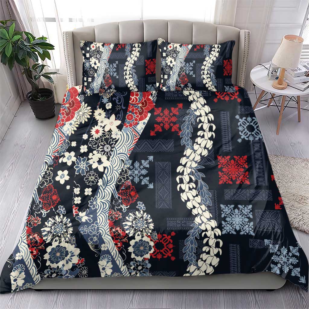 Hawaii Puakenikeni and Maile Lei Bedding Set Navy Blue Japanese Wave Style LT9 - Polynesian Pride