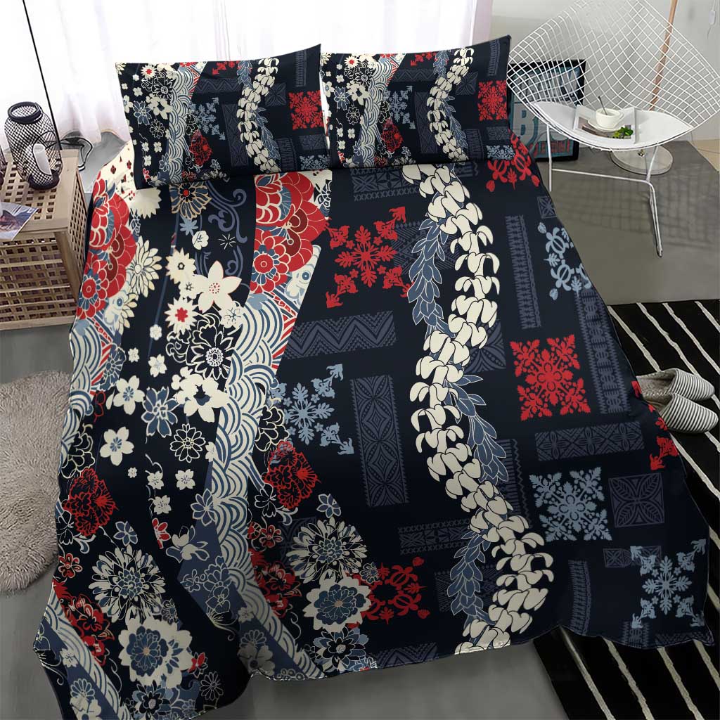 Hawaii Puakenikeni and Maile Lei Bedding Set Navy Blue Japanese Wave Style LT9 - Polynesian Pride