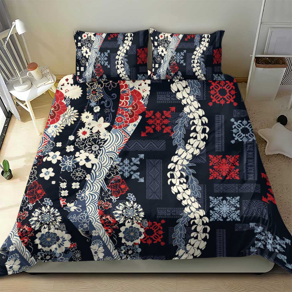 Hawaii Puakenikeni and Maile Lei Bedding Set Navy Blue Japanese Wave Style LT9 - Polynesian Pride