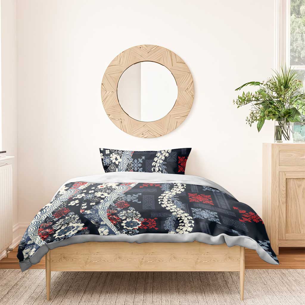 Hawaii Puakenikeni and Maile Lei Bedding Set Navy Blue Japanese Wave Style LT9 - Polynesian Pride