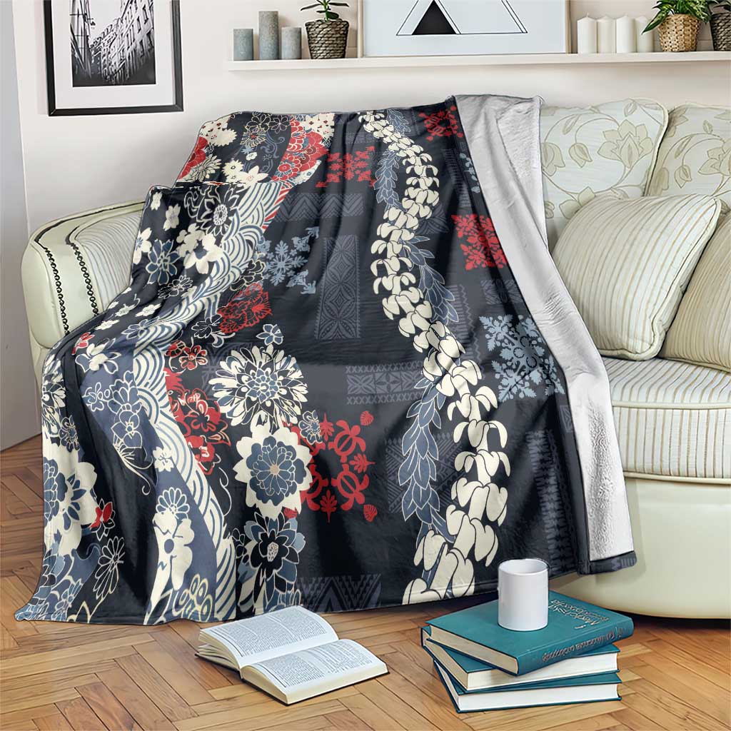 Hawaii Puakenikeni and Maile Lei Blanket Navy Blue Japanese Wave Style LT9 Navy Blue - Polynesian Pride