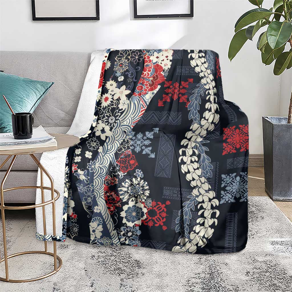 Hawaii Puakenikeni and Maile Lei Blanket Navy Blue Japanese Wave Style LT9 - Polynesian Pride
