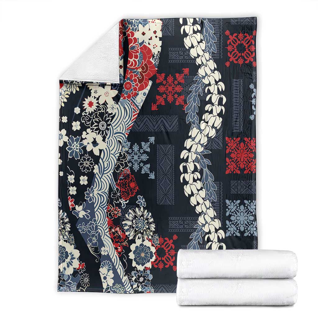 Hawaii Puakenikeni and Maile Lei Blanket Navy Blue Japanese Wave Style LT9 - Polynesian Pride