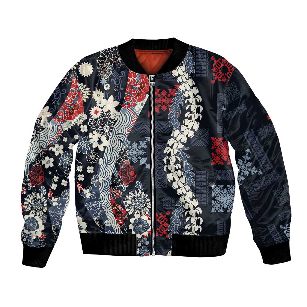 Hawaii Puakenikeni and Maile Lei Bomber Jacket Navy Blue Japanese Wave Style LT9 Unisex Navy Blue - Polynesian Pride