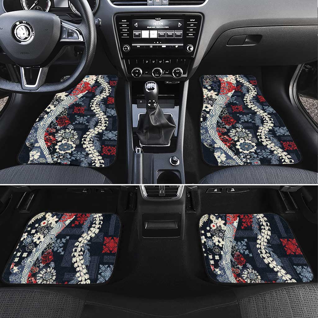 Hawaii Puakenikeni and Maile Lei Car Mats Navy Blue Japanese Wave Style LT9 Set 4pcs Navy Blue - Polynesian Pride