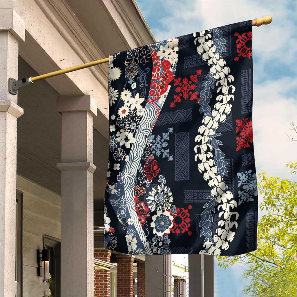 Hawaii Puakenikeni and Maile Lei Garden Flag Navy Blue Japanese Wave Style LT9 House Flag Navy Blue - Polynesian Pride