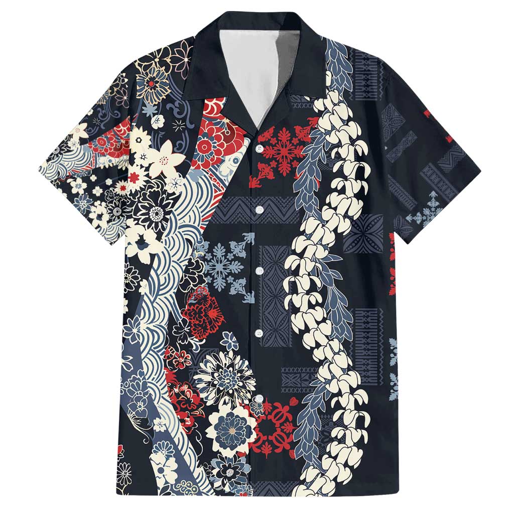 Hawaii Puakenikeni and Maile Lei Hawaiian Shirt Navy Blue Japanese Wave Style LT9 Navy Blue - Polynesian Pride