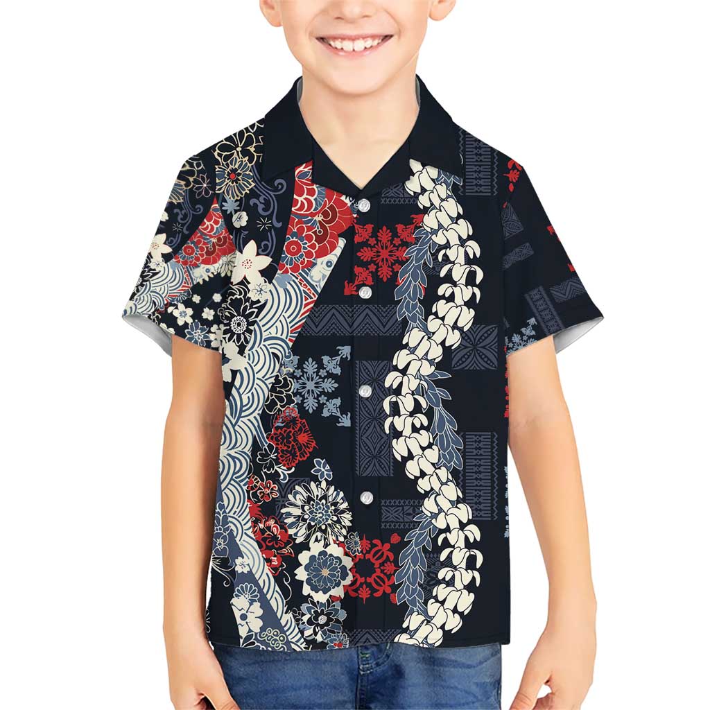 Hawaii Puakenikeni and Maile Lei Hawaiian Shirt Navy Blue Japanese Wave Style LT9 - Polynesian Pride