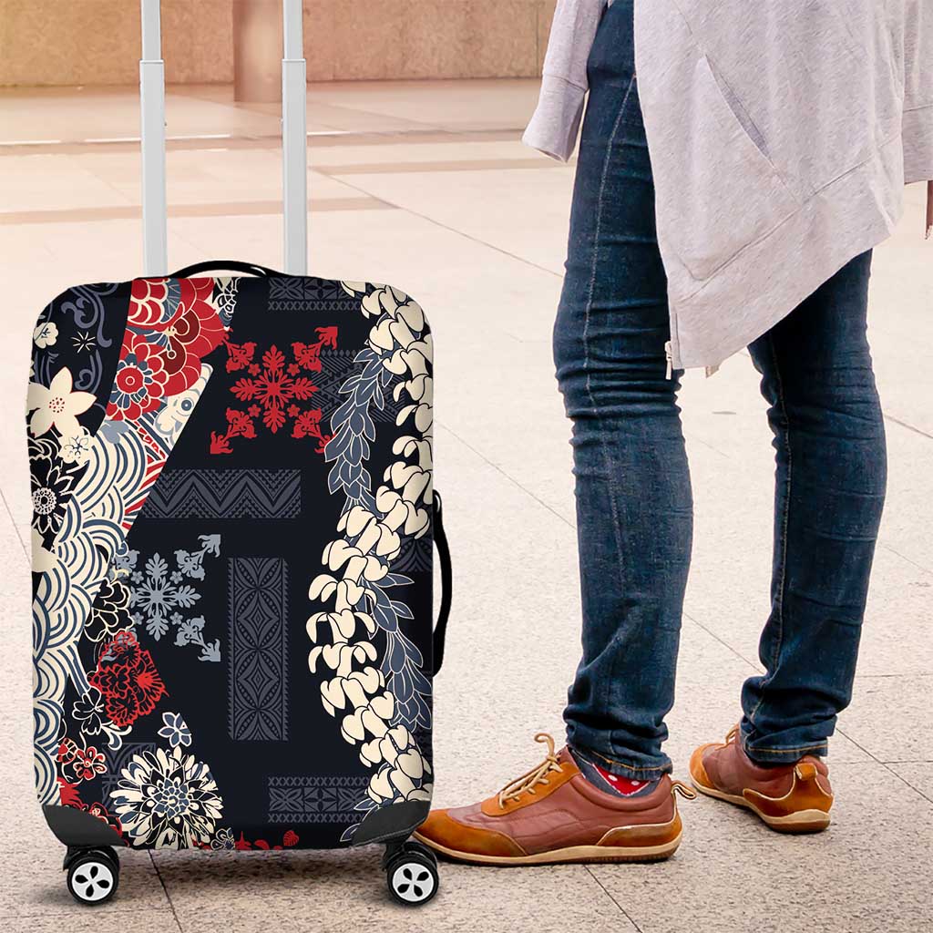 Hawaii Puakenikeni and Maile Lei Luggage Cover Navy Blue Japanese Wave Style LT9 Navy Blue - Polynesian Pride