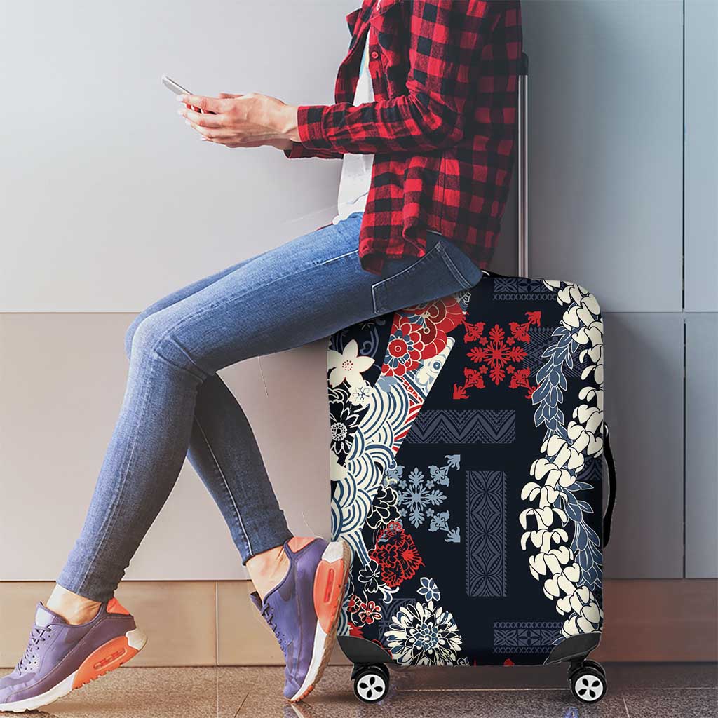 Hawaii Puakenikeni and Maile Lei Luggage Cover Navy Blue Japanese Wave Style LT9 - Polynesian Pride