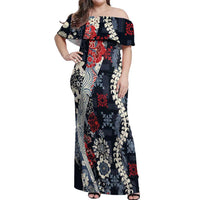 Hawaii Puakenikeni and Maile Lei Off Shoulder Maxi Dress Navy Blue Japanese Wave Style LT9 Women Navy Blue - Polynesian Pride