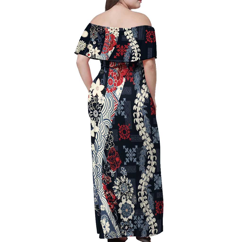 Hawaii Puakenikeni and Maile Lei Off Shoulder Maxi Dress Navy Blue Japanese Wave Style LT9 - Polynesian Pride
