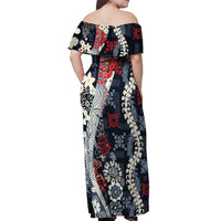 Hawaii Puakenikeni and Maile Lei Off Shoulder Maxi Dress Navy Blue Japanese Wave Style LT9 - Polynesian Pride