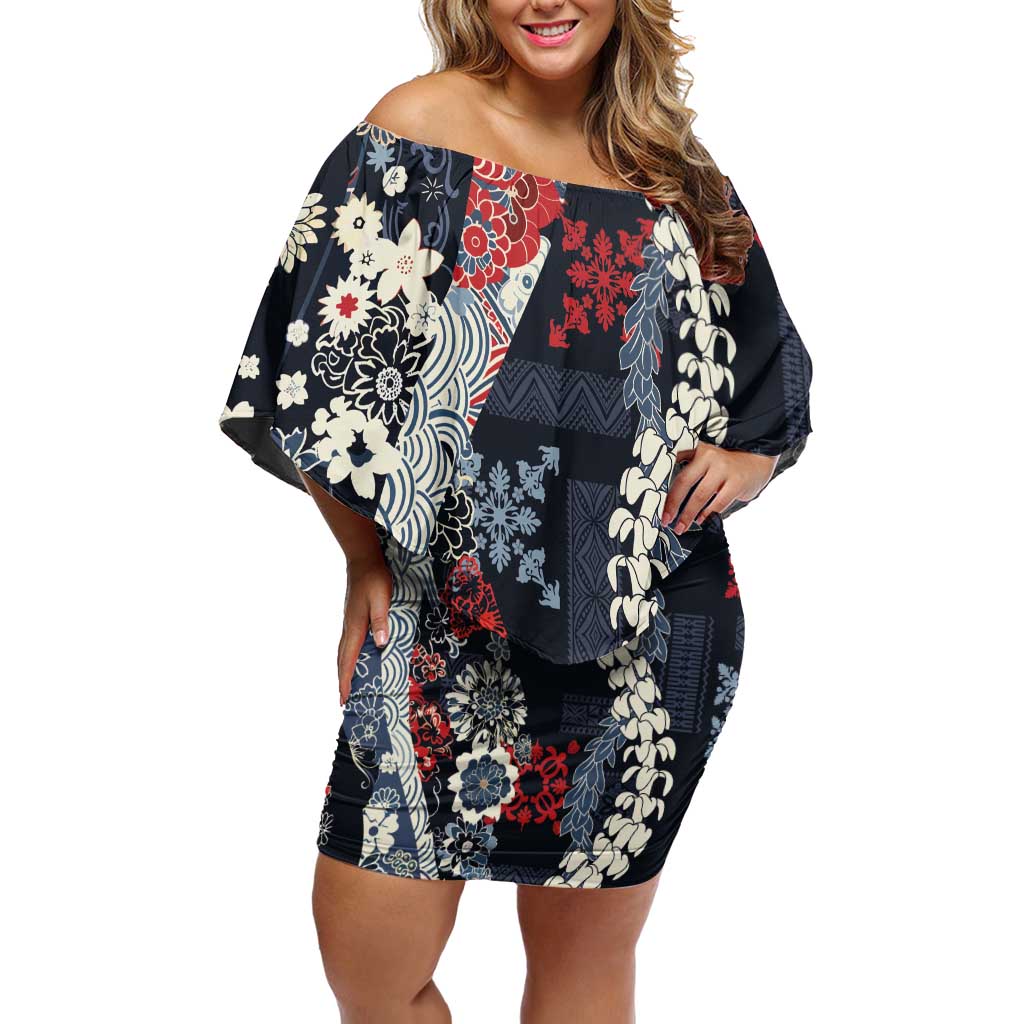 Hawaii Puakenikeni and Maile Lei Off Shoulder Short Dress Navy Blue Japanese Wave Style LT9 Women Navy Blue - Polynesian Pride