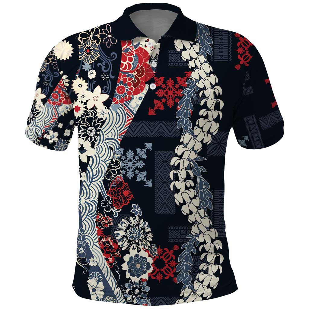 Hawaii Puakenikeni and Maile Lei Polo Shirt Navy Blue Japanese Wave Style LT9 Navy Blue - Polynesian Pride