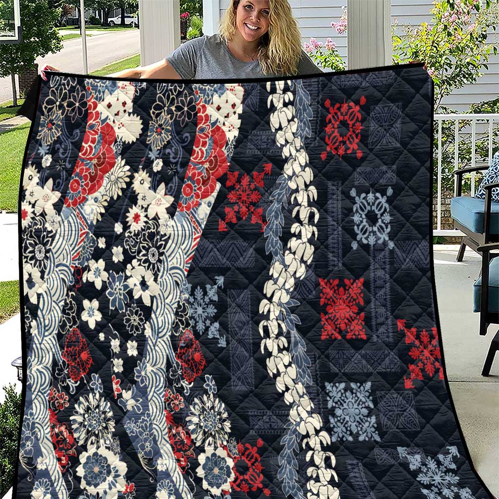 Hawaii Puakenikeni and Maile Lei Quilt Navy Blue Japanese Wave Style LT9 Navy Blue - Polynesian Pride