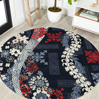 Hawaii Puakenikeni and Maile Lei Round Carpet Navy Blue Japanese Wave Style LT9 Navy Blue - Polynesian Pride