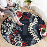Hawaii Puakenikeni and Maile Lei Round Carpet Navy Blue Japanese Wave Style LT9 - Polynesian Pride