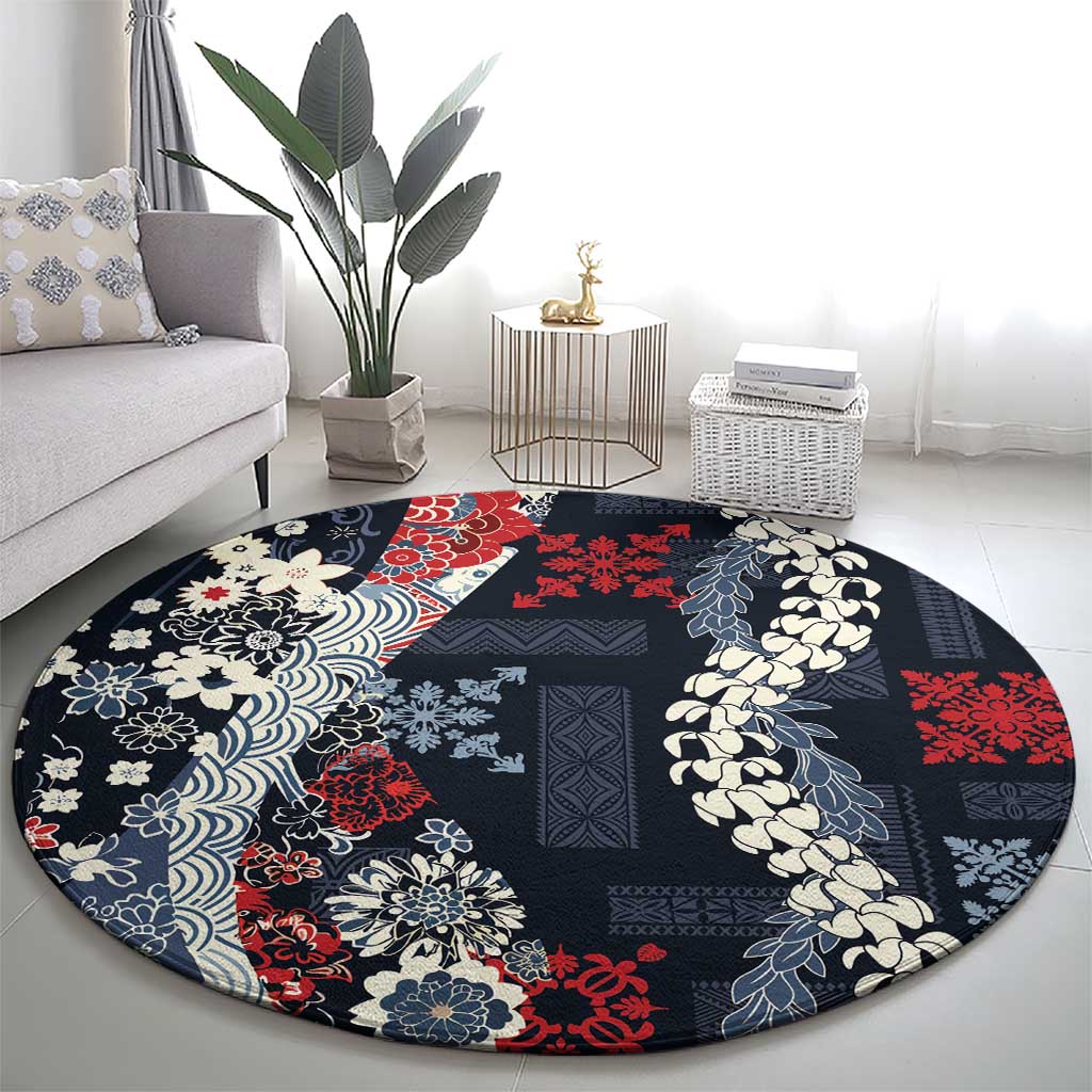 Hawaii Puakenikeni and Maile Lei Round Carpet Navy Blue Japanese Wave Style LT9 - Polynesian Pride