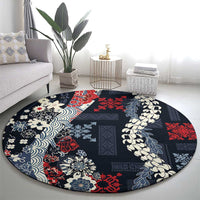 Hawaii Puakenikeni and Maile Lei Round Carpet Navy Blue Japanese Wave Style LT9 - Polynesian Pride