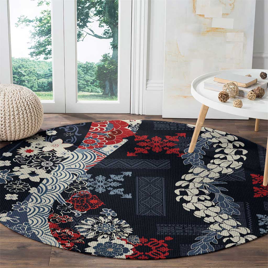 Hawaii Puakenikeni and Maile Lei Round Carpet Navy Blue Japanese Wave Style LT9 - Polynesian Pride