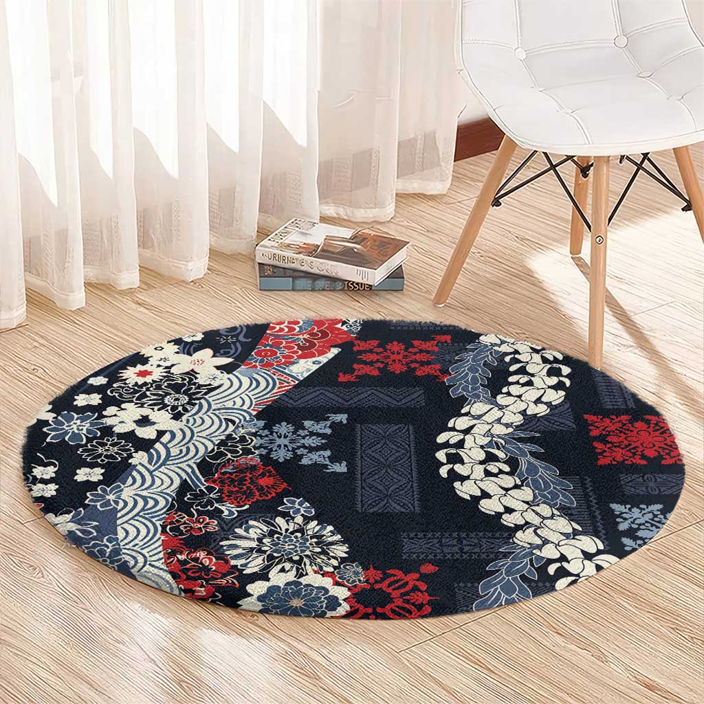 Hawaii Puakenikeni and Maile Lei Round Carpet Navy Blue Japanese Wave Style LT9 - Polynesian Pride