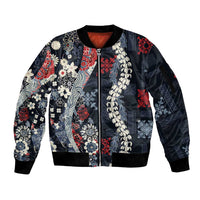 Hawaii Puakenikeni and Maile Lei Sleeve Zip Bomber Jacket Navy Blue Japanese Wave Style LT9 Unisex Navy Blue - Polynesian Pride