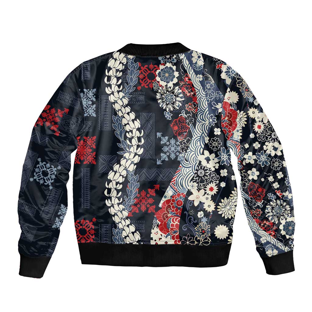 Hawaii Puakenikeni and Maile Lei Sleeve Zip Bomber Jacket Navy Blue Japanese Wave Style LT9 - Polynesian Pride