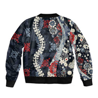 Hawaii Puakenikeni and Maile Lei Sleeve Zip Bomber Jacket Navy Blue Japanese Wave Style LT9 - Polynesian Pride