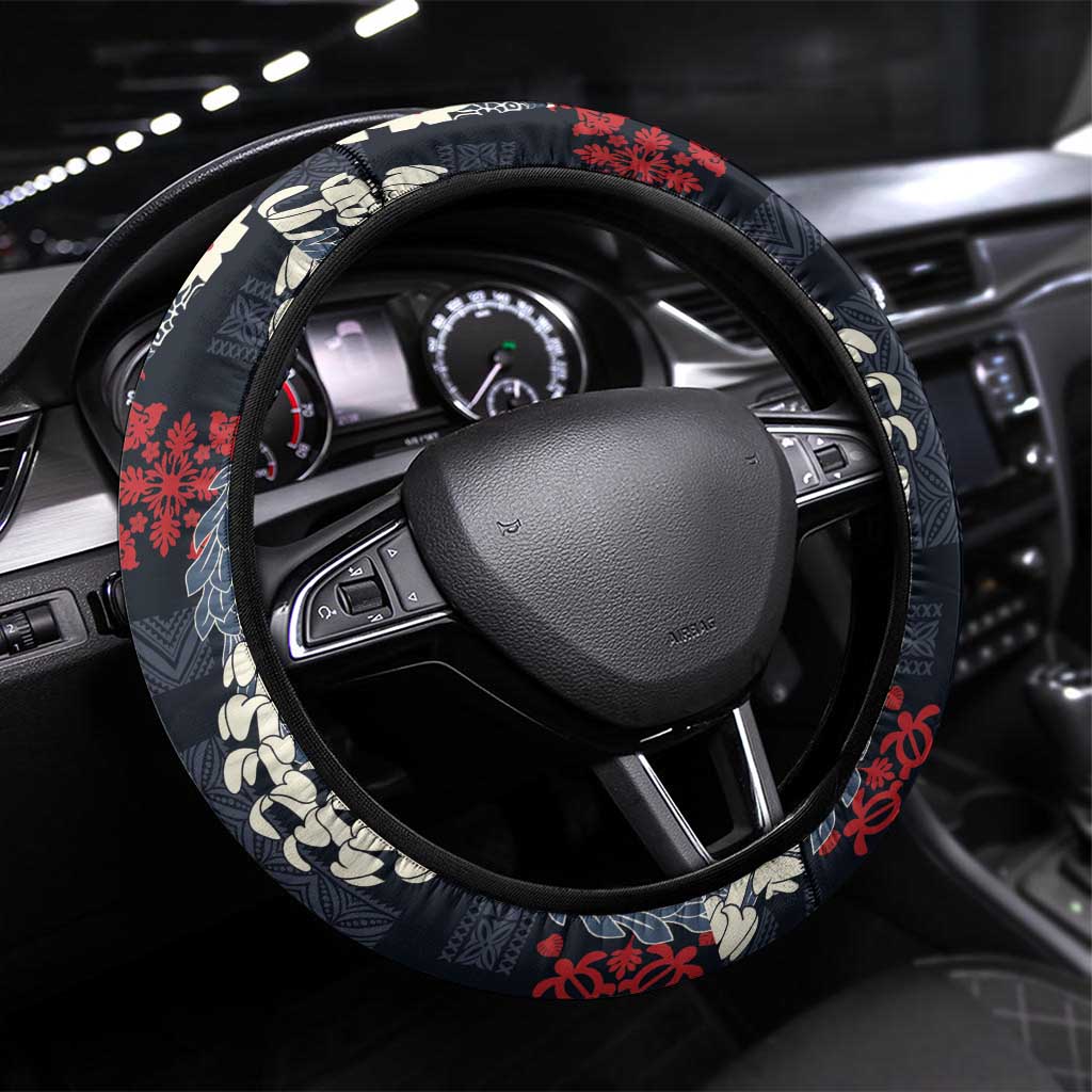 Hawaii Puakenikeni and Maile Lei Steering Wheel Cover Navy Blue Japanese Wave Style LT9 Universal Fit Navy Blue - Polynesian Pride