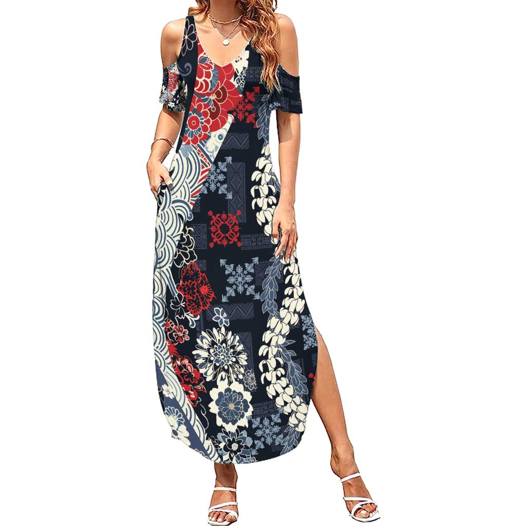 Hawaii Puakenikeni and Maile Lei Summer Maxi Dress Navy Blue Japanese Wave Style LT9 Women Navy Blue - Polynesian Pride