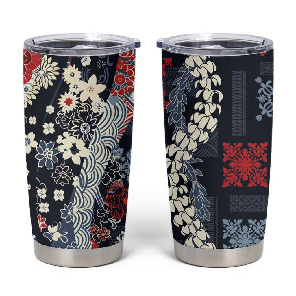 Hawaii Puakenikeni and Maile Lei Tumbler Cup Navy Blue Japanese Wave Style LT9 Navy Blue - Polynesian Pride