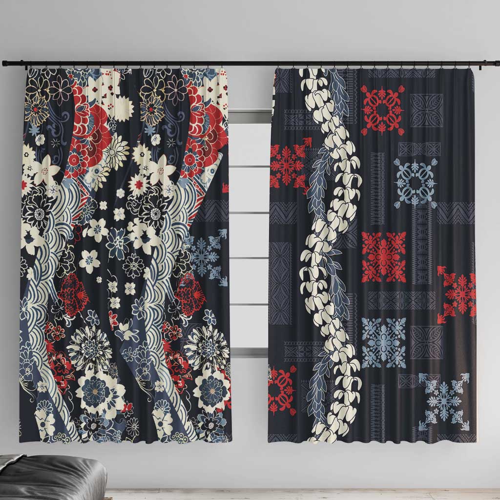 Hawaii Puakenikeni and Maile Lei Window Curtain Navy Blue Japanese Wave Style LT9 With Hooks Navy Blue - Polynesian Pride