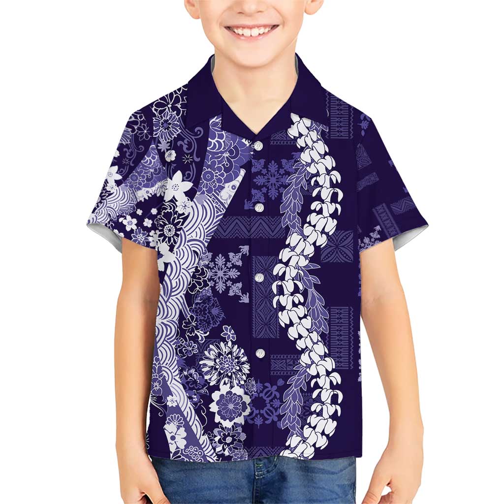 Hawaii Puakenikeni and Maile Lei Kid Hawaiian Shirt Purple Japanese Wave Style LT9 Kid Purple - Polynesian Pride