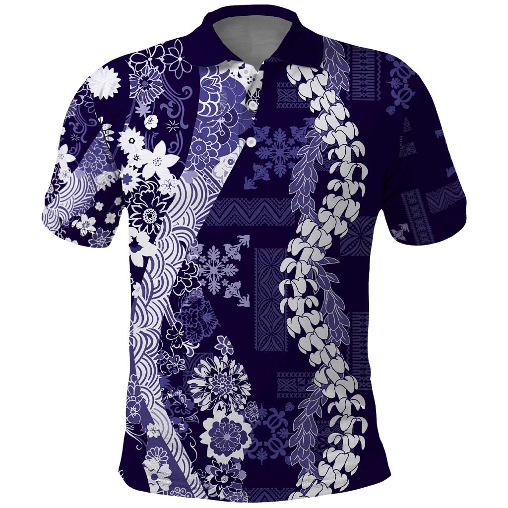 Hawaii Puakenikeni and Maile Lei Polo Shirt Purple Japanese Wave Style LT9 Purple - Polynesian Pride
