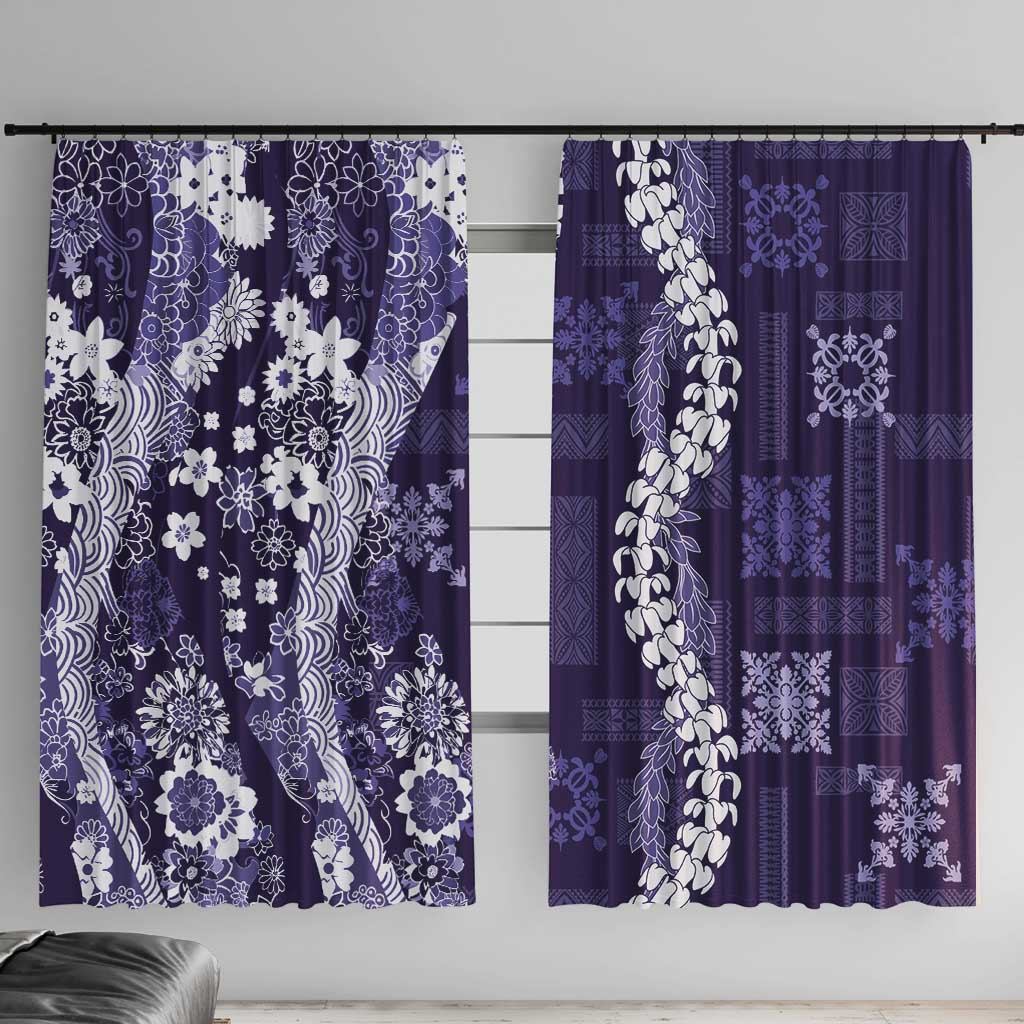 Hawaii Puakenikeni and Maile Lei Window Curtain Purple Japanese Wave Style LT9 With Hooks Purple - Polynesian Pride