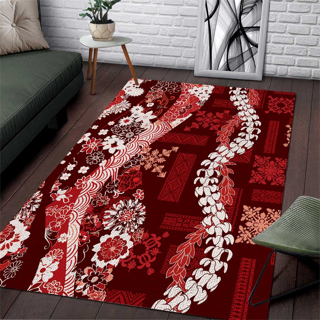 Hawaii Puakenikeni and Maile Lei Area Rug Red Japanese Wave Style LT9 Red - Polynesian Pride
