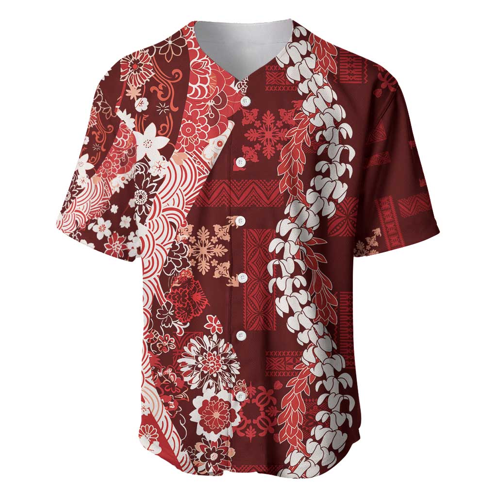 Hawaii Puakenikeni and Maile Lei Baseball Jersey Red Japanese Wave Style LT9 Red - Polynesian Pride