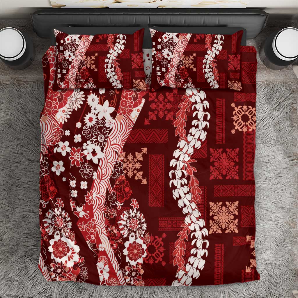 Hawaii Puakenikeni and Maile Lei Bedding Set Red Japanese Wave Style LT9 Red - Polynesian Pride
